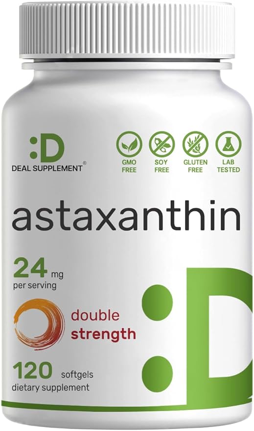Astaxanthin 24mg Per Serving, 120 Softgels – Double Strength Microalgae – Natural Tanning Pills – Antioxidant Supplements for Skin, Eyes, Joints & Immune Support – Non-GMO