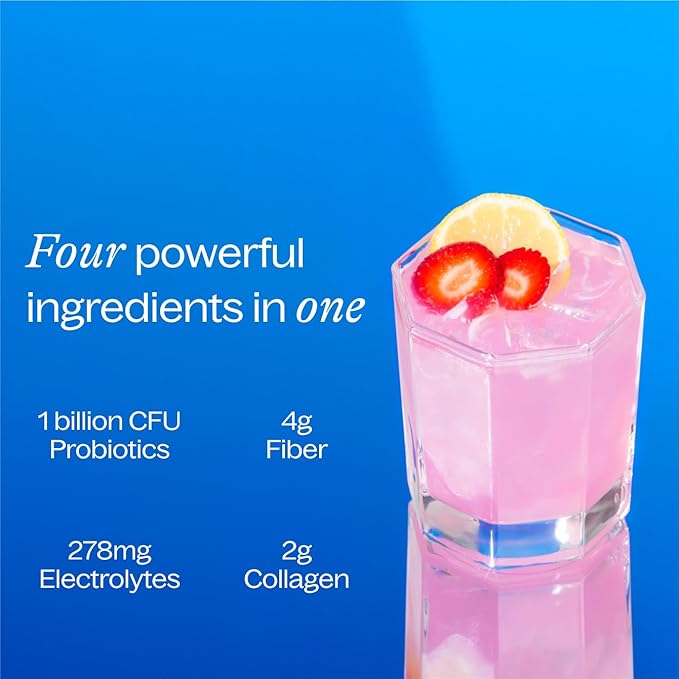 Daily Fiber Supplement Packets with Collagen, Probiotics & Electrolytes | Single Serve Packets for Gut Health, Digestion & Debloating | Strawberry Lemonade | 10 Count