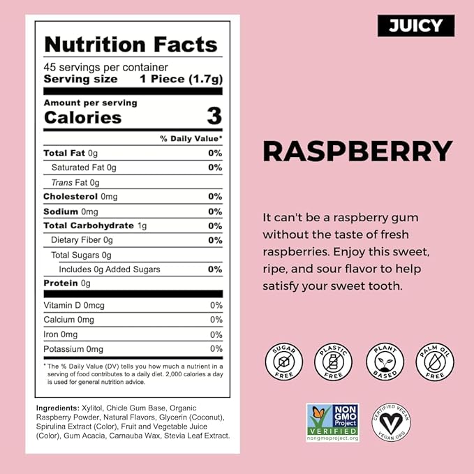Refresh Gum, Xylitol, Natural, Sugar Free, Plastic Free, Aspartame Free, Natural Flavors & Organic Ingredients, Plant-Based, Low Calorie, Non GMO, Gluten Free, Vegan, Raspberry Flavor, 12 Pcs, 5 Pack