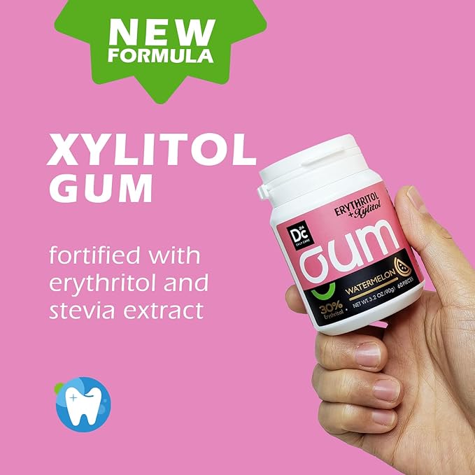 DC24 DAILY CARE Xylitol Chewing Gum with Erythritol, Aspartame Free & Sugar Free Gum for Dry Mouth, Low-Calorie, Sugarless, Watermelon, 60 Pieces (Pack of 1)