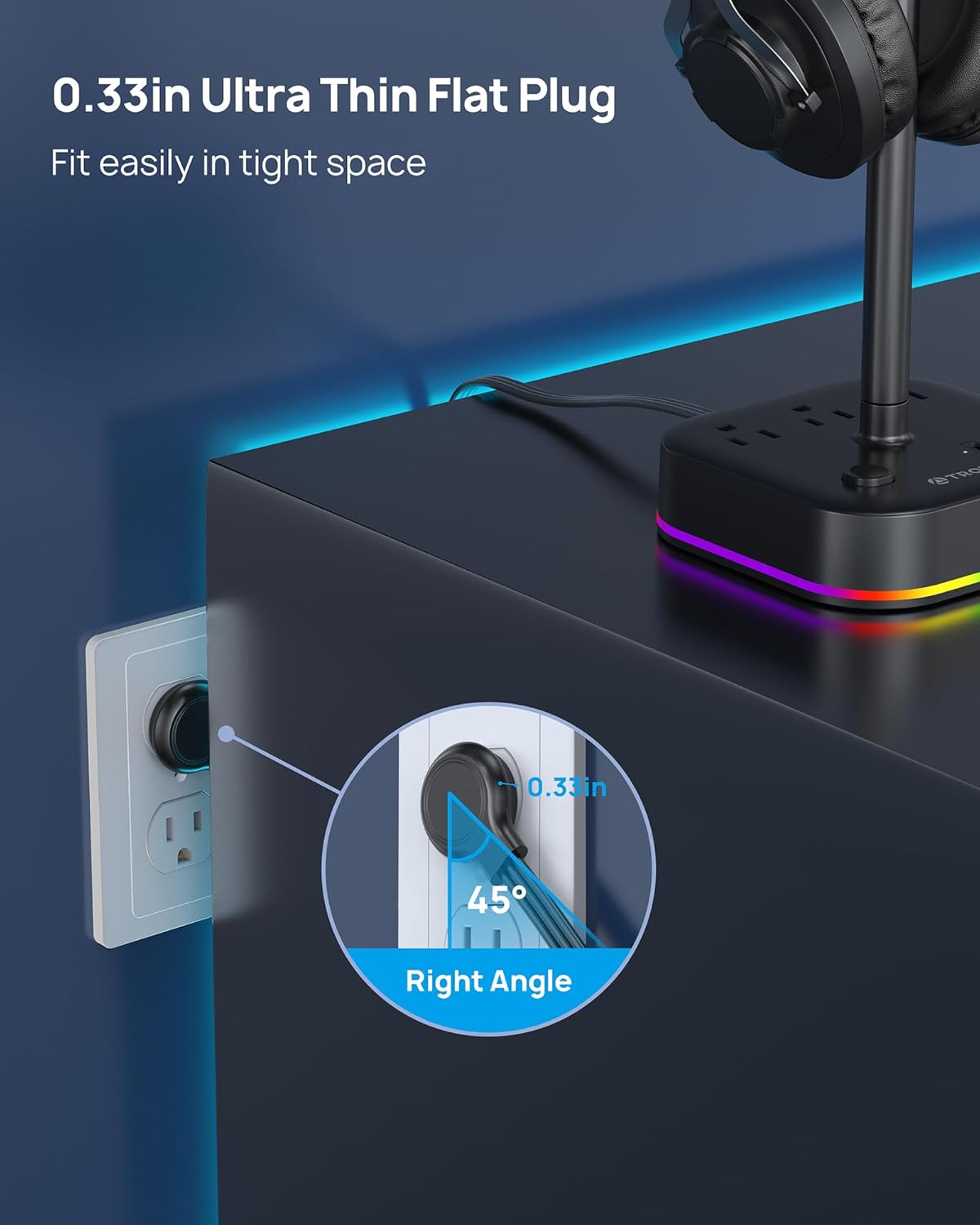 TROND Headphone Stand with USB C, Desk Gaming Headset Holder with 3 AC Outlets, 2 USB-A and 1 USB-C, Headset Stand with 5 RGB Light Modes, for Gaming Desk Accessories Gamer Boyfriend Gifts