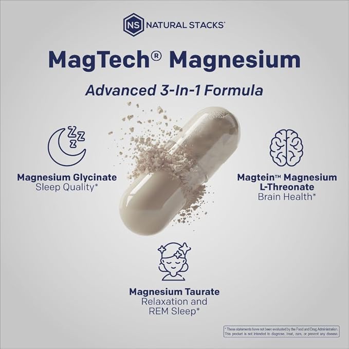 MagTech Magnesium Supplement - 3 Forms of Magnesium: Magtein L-Threonate, Glycinate & Taurate - 200mg Chelated Magnesium Complex - Supports Relaxation & Brain Health - 180 Capsules