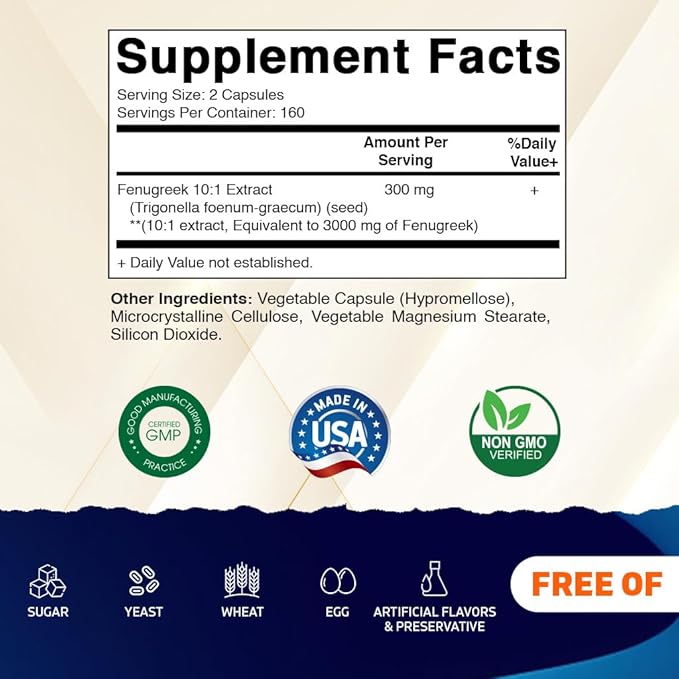 Vitamatic Fenugreek Capsules Extra Strength 3000 mg Equivalent Per Serving (from 10:1 Extract 300 mg) - Trigonella Foenum-Graecum - Methi Seeds Powder Pills - 320 Vegetarian Capsules - 2 Pack