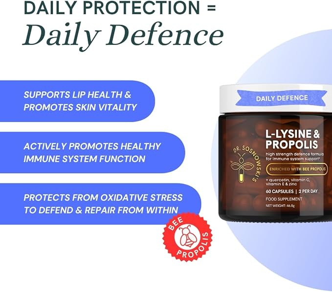 Dr Sosnowski's L-Lysine & Propolis Supplements | High Potency L Lysine Immune Support Formula with 5:1 Propolis Extract, Quercetin, VIT C, VIT E and Zinc