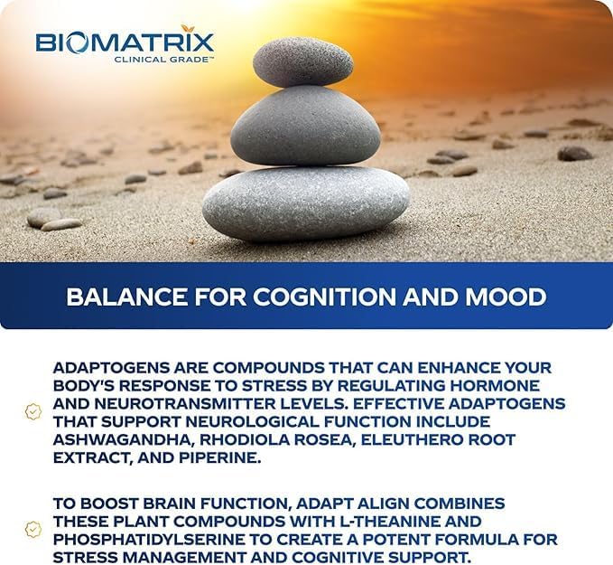 BioMatrix Adaptogen Supplement w/Ashwagandha, L-Theanine, Rhodiola, Ginseng | Cortisol Support, Stress Relief, Focus, Mood | 60 Capsules
