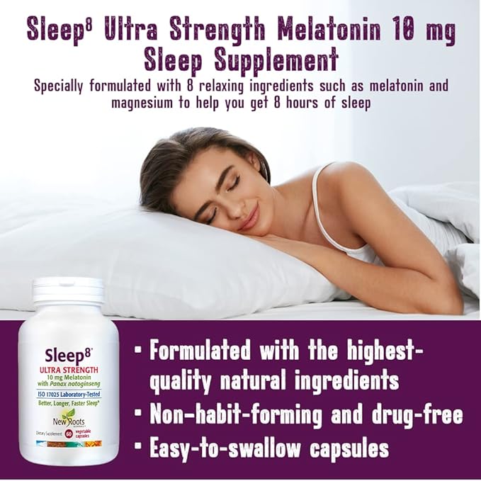 NEW ROOTS HERBAL Natural Sleep Supplement, 8-in-1 Ultra-Strenth Formula with Passion Flower, Chamomile, Hops, Panax Gingseng, Skullcap, Magnesium, 10 mg Melatonin (60 Veg Caps)