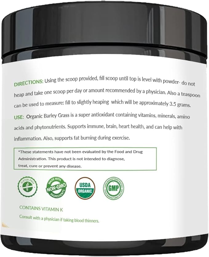 Barley Grass Powder - USDA Certified Organic Barley Grass Powder - Non-GMO, Vegan, and Non-Irradiated - Rich In Antioxidants, Protein, Fiber, Minerals, Chlorophyll, Amino Acids and Protein - 200 Grams