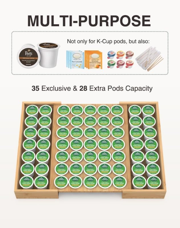 Larger Expandable Bamboo Coffee Pod Holder for Counter Drawer Display, 35 Pod Capacity, K-Cup Pods - Tea Bags Storage Organizer Holder (Bamboo)