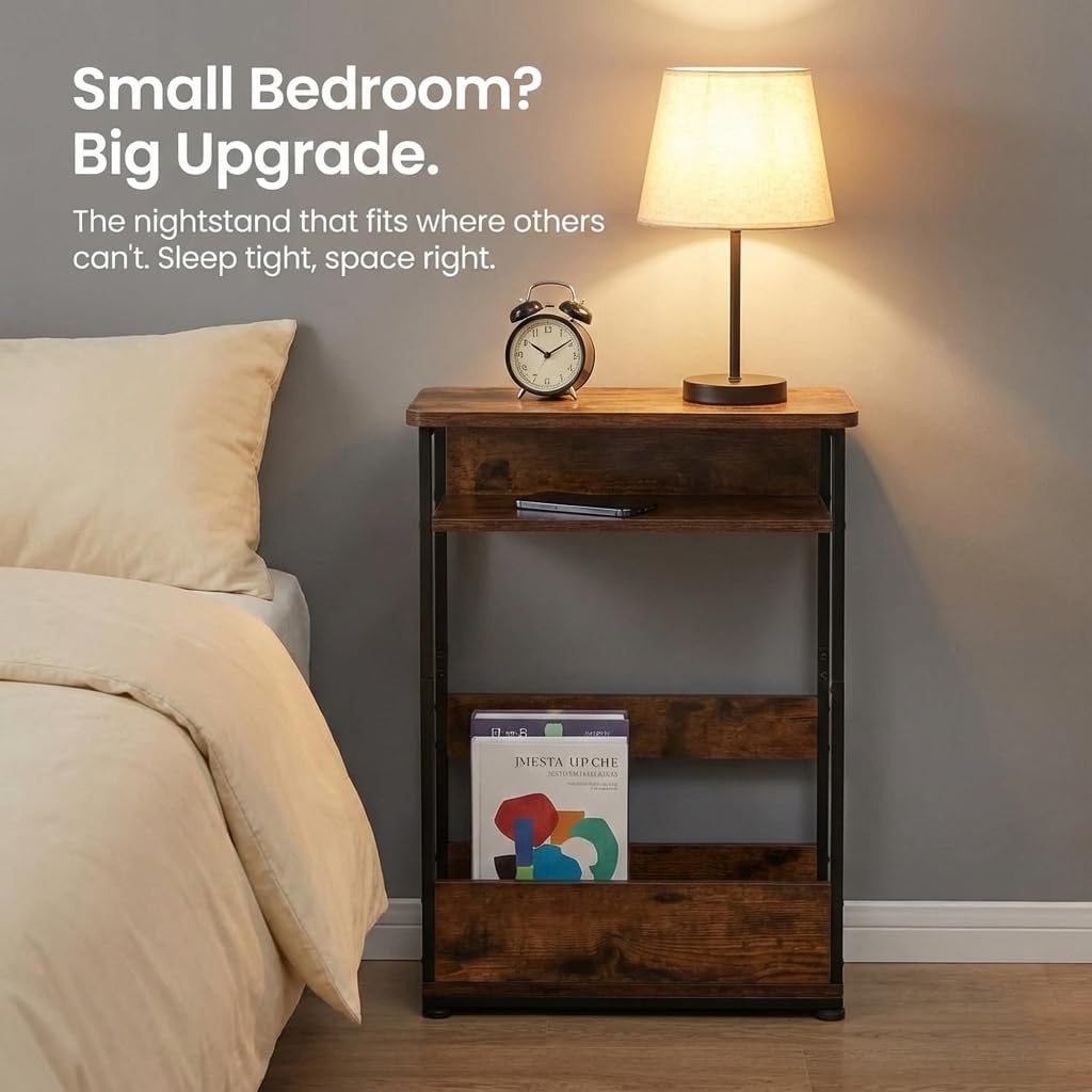 Narrow Side Table,3-Tier Slim End Table with Storage Shelf,Modern Sofa Table Thin Side Table for Narrow and Small Spaces, Skinny Bedside Table Small Nightstand with Magazine Rack Space Saving/Brown