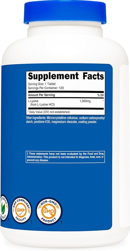 Nutricost L-Lysine 1000mg, 120 Tablets - Gluten Free, Non-GMO, and Vegetarian Friendly