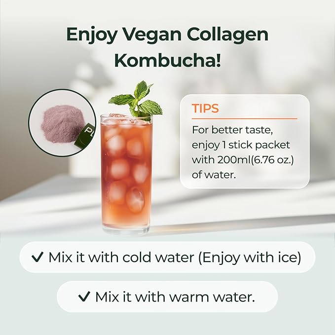 PLANT Vegan Collagen Peptide + Kombucha Powder + Probioitics + Vitamin C | Tripeptide Vegetarian Collagen Booster 2000mg, Dragonfruit Lime |15 packets, Gut & Skin Health Anti-Aging Hydration drink mix