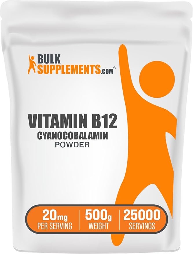 BulkSupplements.com Vitamin B12 Powder - as Cyanocobalamin, Vitamin B Supplement, Essential Vitamins- Gluten Free, 20mg per Serving, 500g (1.1 lbs) (Pack of 1)