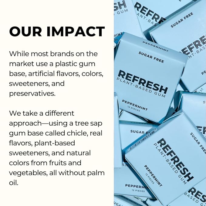 Refresh Gum, Xylitol, Natural, Sugar Free, Aspartame Free, Plastic Free, Natural Flavors & Organic Ingredients, Plant-Based, Low Calorie, Non GMO, Gluten Free, Vegan, Peppermint, 12 Pcs, 12 Pck