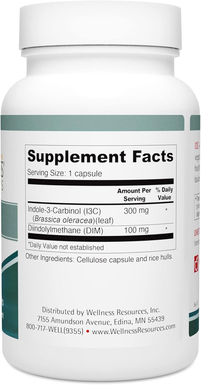 Wellness Resources I3C + DIM for Healthy Estrogen Metabolism, Detoxification (60 Capsules) - 300mg I3C + 100mg DIM - Vegan, Gluten-Free