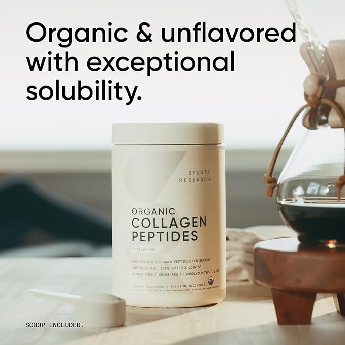 Sports Research Organic Collagen Peptides - Hydrolyzed Type I & III Collagen Protein Powder Made Sustainably from Grass-Fed Cows - Unflavored - 30 Servings