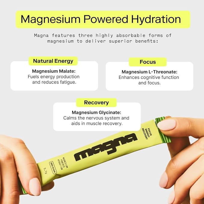 MAGNA Electrolyte Powder Drink Mix for Hydration, Energy & Focus Support with Magnesium L Threonate, Malate & Glycinate, Sodium, Potassium, Vitamin D, B6 & B12, Lemon Lime Flavor, 7 Servings