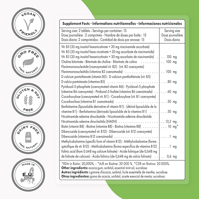 Supersmart - Coenzymated B Formula (Fast Absorption) - All-in-1 Coenzyme B Complex Vitamin Supplement - Natural Mint Flavor | Non-GMO & Gluten Free - 30 Sublingual Tablets