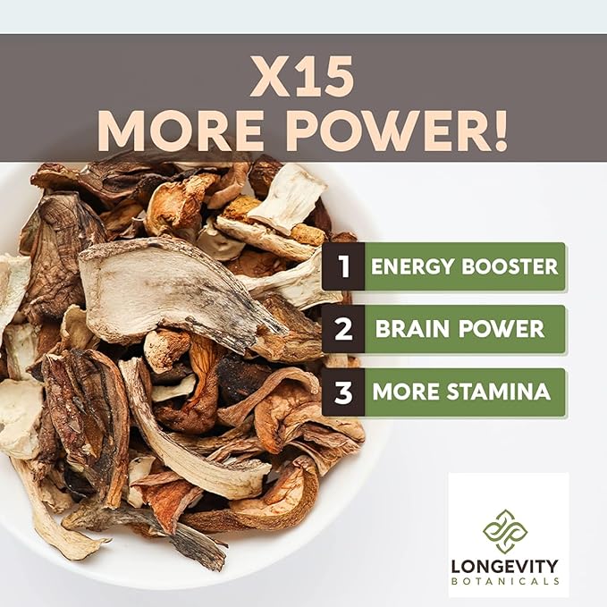 Longevity Botanicals Power 15 Mushroom Blend Capsules (90) | Lion’s Mane, Turkey Tail, Reishi, Chaga, Cordyceps, Maitake, Tremella & More | 10:1 Extract | Complex Mix for Immune & Vitality Support