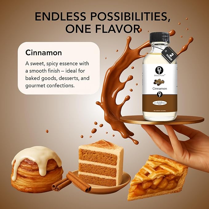Dolce Flav Natural Cinnamon Extract Oil 2 oz – Kosher, Sugar-Free, Concentrated Spice Flavor for Candy, Chocolates & Desserts, Includes Measured Dropper
