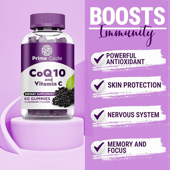 Prime Code CoQ10 200mg & Vitamin C 250mg Gummies – Antioxidant & Immune Support – Heart & Energy Supplement for Adults – Vegan, Non-GMO, Gluten-Free – Elderberry Flavor – 60 Gummies