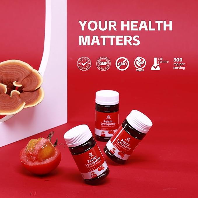 Lycopene Supplement 100mg, Natural Tomato Extract with Reishi Mushroom 200mg, Mushroom Capsule for Immune Health, Gluten-Free, Non-GMO, Vegan, 60 Rapid Release Capsules