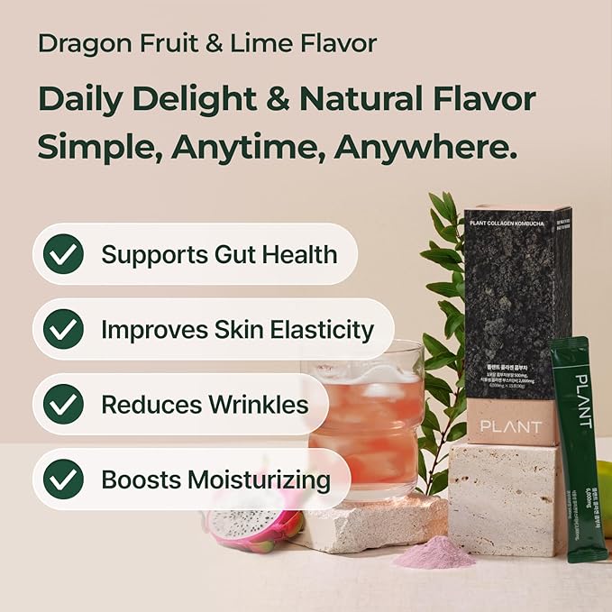 PLANT Vegan Collagen Peptide + Kombucha Powder + Probioitics + Vitamin C | Tripeptide Vegetarian Collagen Booster 2000mg, Dragonfruit Lime |15 packets, Gut & Skin Health Anti-Aging Hydration drink mix