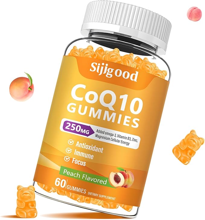Sugar Free CoQ10 Gummies, Plus Omega-3, Vitamin B3 and Zinc, Magnesium, 5X High Absorption Coenzyme Q10 Supplements, q10 Boost Cellular Energy, Potent Antioxidant & Brain, Peach Flavor, 60 Cts