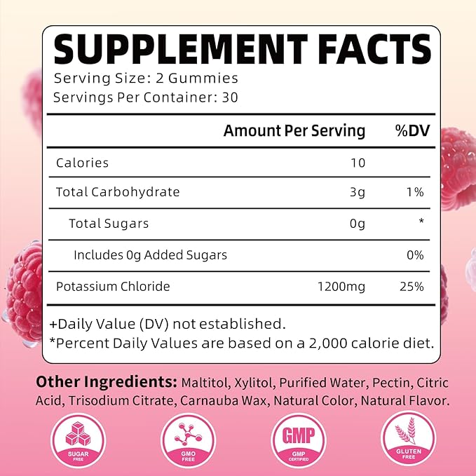 Potassium Gummies, Potassium Chloride Gummies 1200mg for Adults, Sugar-Free Potassium Supplement Support Leg Cramps & Electrolyte Balance, Raspberry Flavor, 60 Count