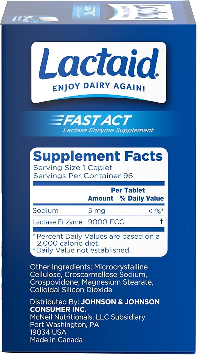 Lactaid Fast Act Lactose Intolerance Caplets with Lactase Enzyme, Dairy Relief from Gas, Bloating & Diarrhea, 9000 FCC Lactose Intolerance Pills, 96 Individual Travel On-The-Go Packs (96 x 1 ct)