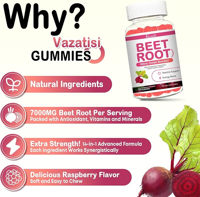 Beet Root Gummies 7000MG – Nitric Oxide Beetroot Gummies with Coq 10, Grape Seed, Pomegranate for Circulation & Energy Support – Vegan, Non-GMO, 60 Beet Chews