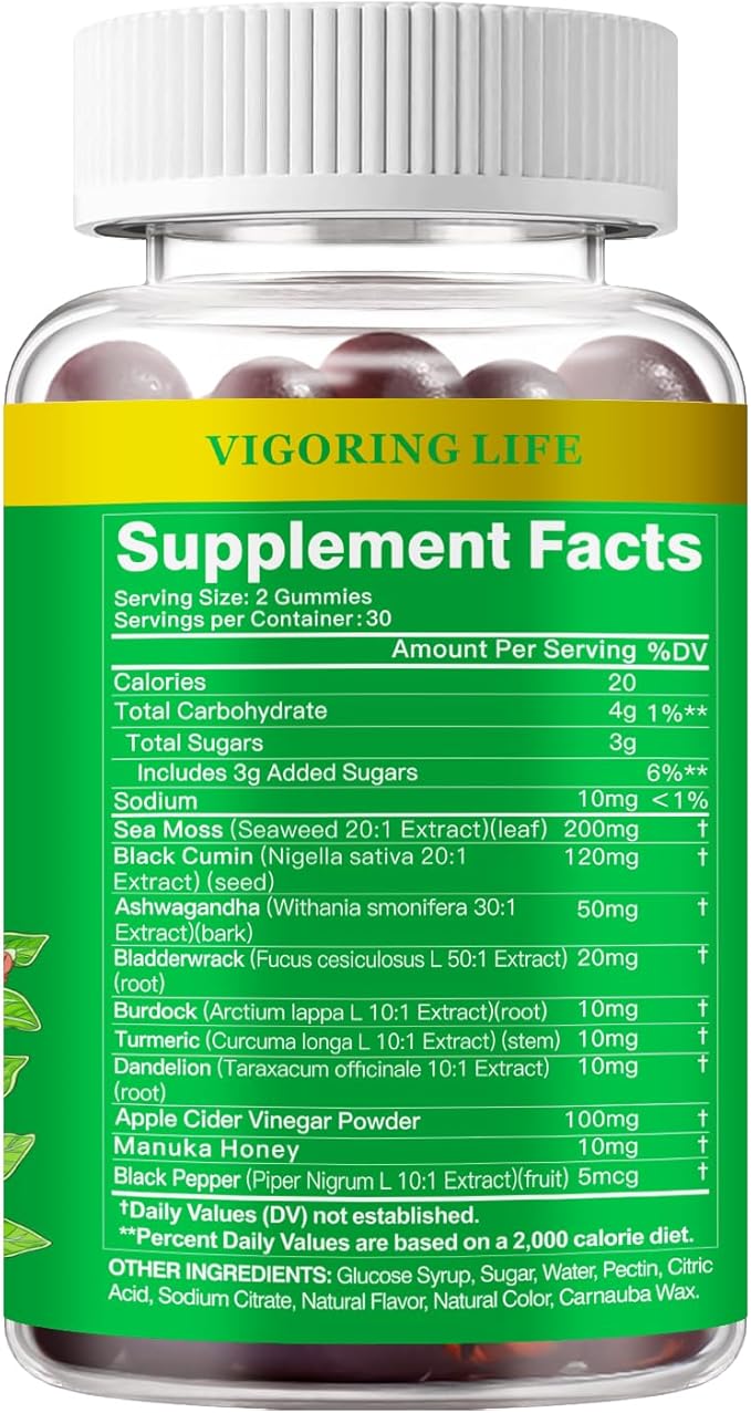 Ashwagandha Gummies, Sea Moss, Black Seed Oil, Turmeric, Manuka Honey, ACV, Dandelion, Black Pepper, Burdock, Bladderwrack, Blueberry Flavor, Vegan, Gluten-Free, Non-GMO, 60 Count