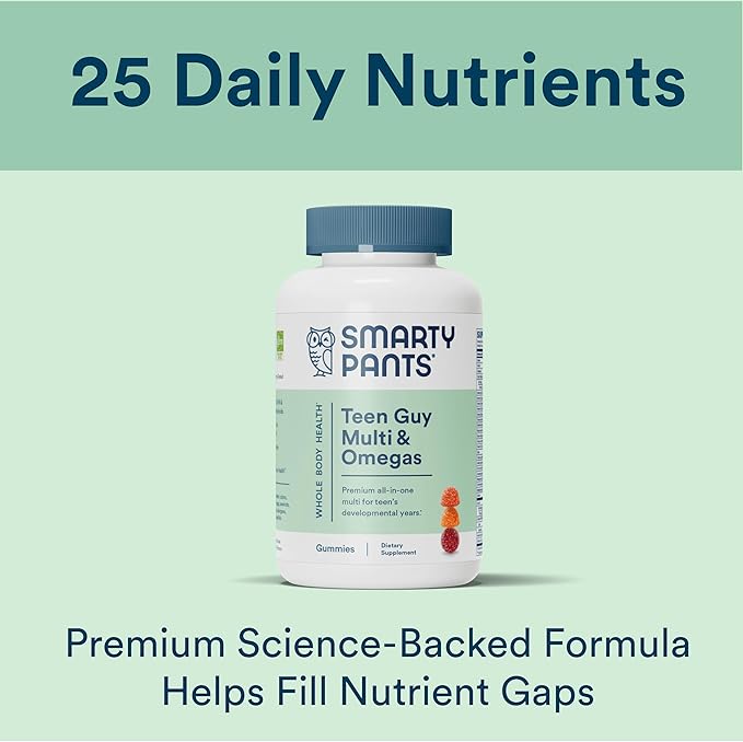 SmartyPants Teen Guy Formula, Daily Multivitamin Gummies: Vitamins C, B12, K, Zinc, & Biotin for Immune Support, Energy, Skin & Hair Support, Assorted Fruit Flavor, 120 Gummies (30 Day Supply)