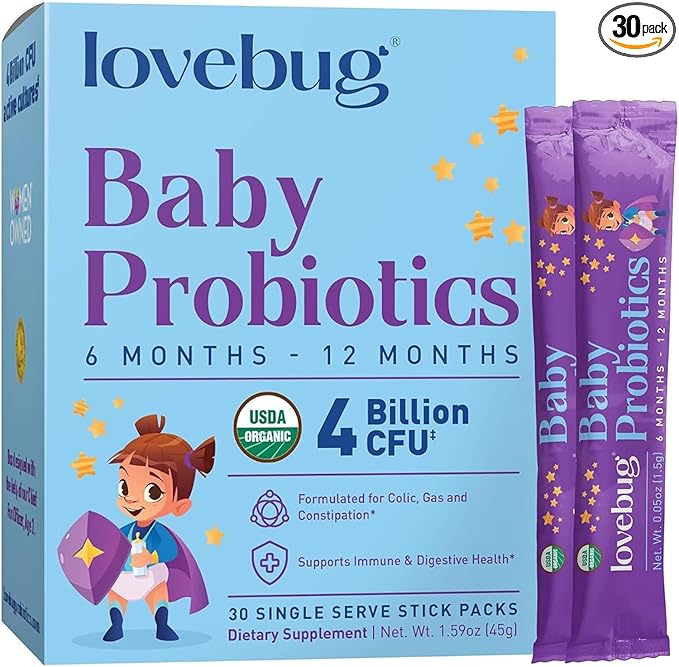 LOVEBUG Award Winning USDA Organic Probiotic for Babies | Multi-Strain 4 Billion CFU | Easy-to-Take Powder | Sugar Free | Ages 6-12 Months | 30 Packets