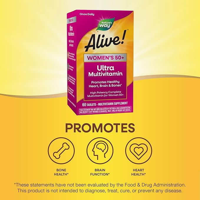 Nature’s Way Alive! Vitamins for Women 50 Plus, Complete Multivitamin, High Potency Formula, with Methylated B12, Gluten-Free, 60 Tablets