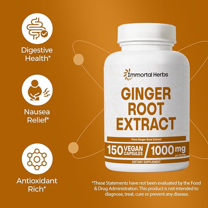 Ginger Root Capsules 1000mg, 4:1 Extract Powder, 150 Pills, Vegan, Non-GMO and Gluten-Free Ginger Supplement for Men and Women, 2 Month Supply