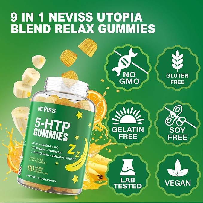 NEVISS 1Pack 5-HTP Gummies + GABA - Melatonin Free - Relaxation Gummies with Banana Extract, L-Theanine,L-Tryptophan, Vitamin D3 for Healthy Rest Cycle & Circadian Rhythm,Brain Function & Muscle Relax