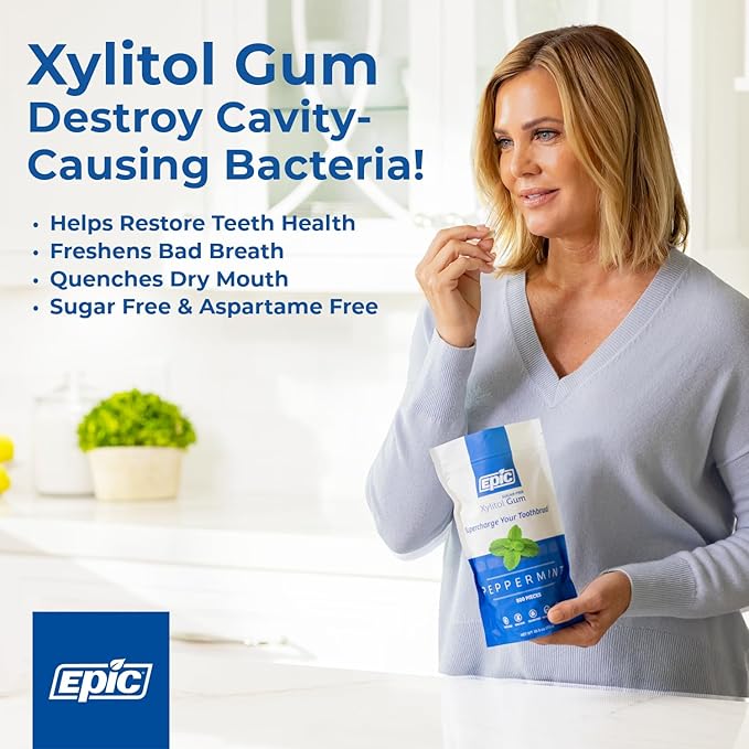 Epic 100% Xylitol Wintergreen Chewing Gum - Sugar Free, Aspartame Free Dental Gum - Supports Oral Health & Fresh Breath - 50 Pieces