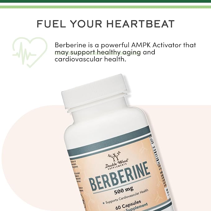 Berberine Supplement 500mg, 60 Capsules (Third Party Tested, Non-GMO, Gluten Free, Vegan Safe) AMPK Activator - Berberine HCL for Cardiovascular Health by Double Wood