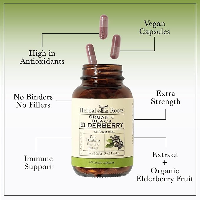 Herbal Roots Organic Black Elderberry Capsules | Max Strength | Made with Organic Sambucus | 60 Vegan Capsules