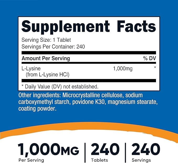 Nutricost L-Lysine 1000mg, 240 Tablets - Gluten Free, Non-GMO, and Vegetarian Friendly
