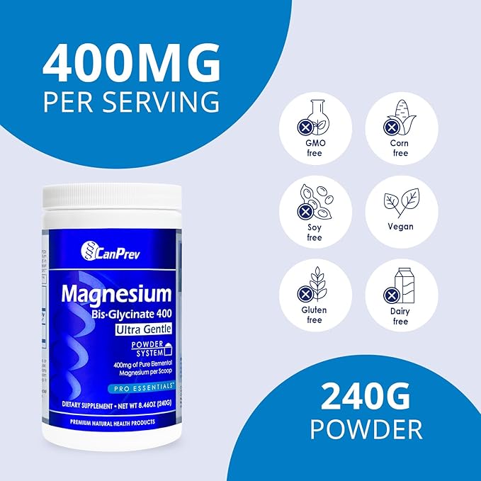 CanPrev Magnesium Bisglycinate 400 Ultra Gentle Powder 240g 48 Servings, 400mg Elemental Magnesium Per Scoop, Supports Restful Nights, Muscle Function, Gentle on Digestion, Vegan, Non-GMO, Gluten-Free
