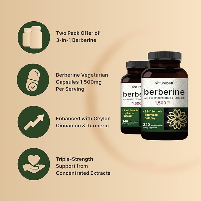 Berberine Supplement 1500mg with 1000mg Ceylon Cinnamon & 300mg Turmeric, 480 Veggie Capsules | 97% Pure Berberine HCL | Supports Balanced Sugar Levels & Heart Health | Vegan, Non-GMO