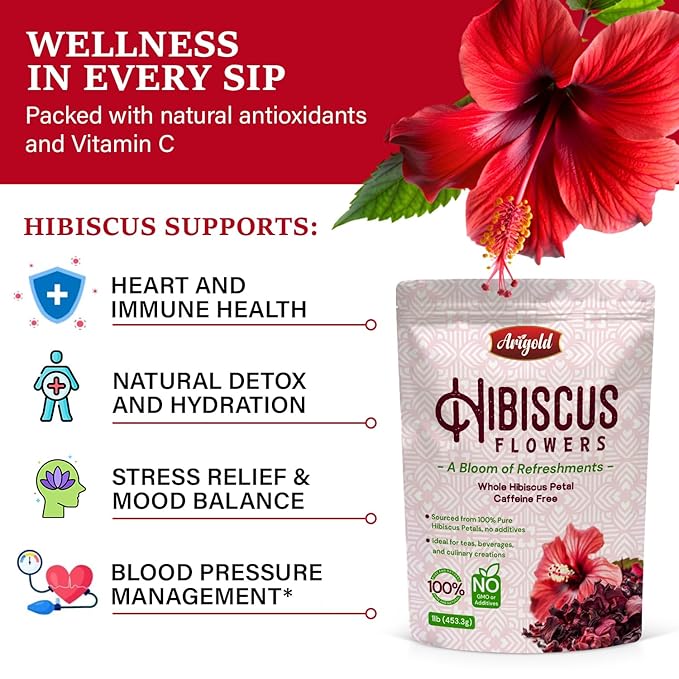 Arigold Pure Whole Petals Hibiscus Tea 1lb ā Organic Dried Hibiscus Flowers,Flor de Jamaica, Hibiscus Sabdariffa, Bissap, Sorrel, hibiscus tea loose leaf Herbal Tea for Agua Fresca, Cocktails, Iced Tea & Hot Tea | Caffeine-Free & Rich in Antioxidants.