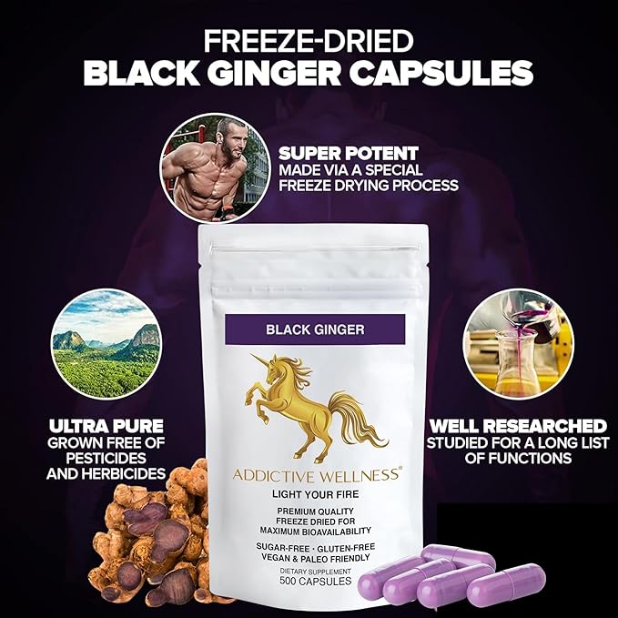 Addictive Wellness Black Ginger Capsules 450mg, Kaempferia Parviflora Supplement to Support Energy, Metabolism, Endurance & Performance, Thai Black Ginger for Men, Vegan & Paleo, 500 Count