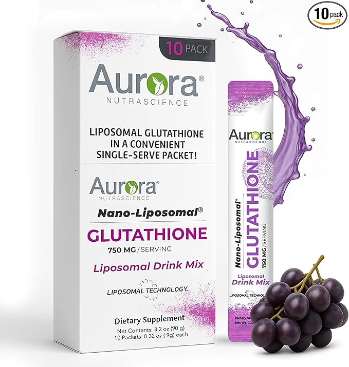 Aurora Nutrascience Nano-Liposomal Glutathione, Grape Powdered Drink Mix Immune & Antioxidant Gut Health Support Supplement, 750 mg per Serving, Non-GMO, Sugar-Free, 10 Single Serve Packets
