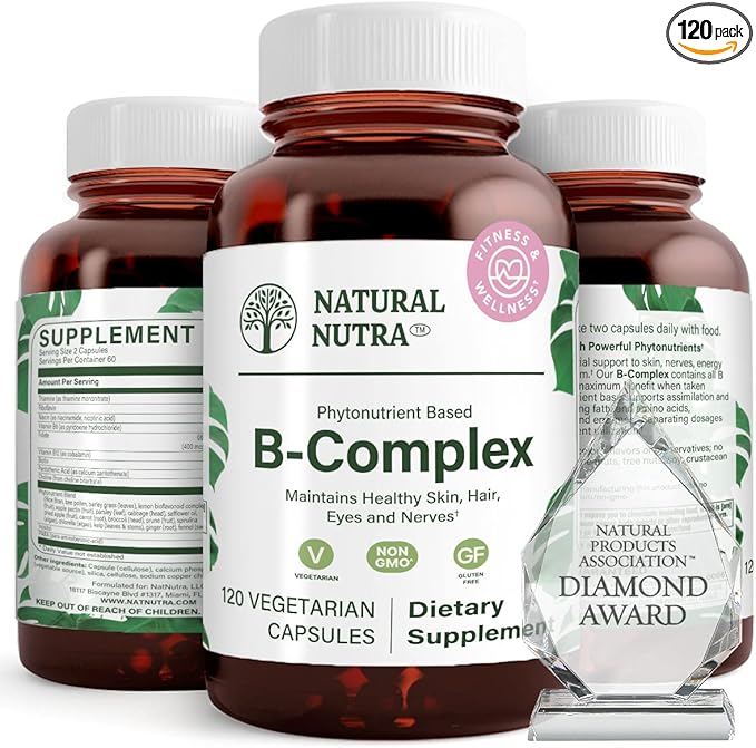 Natural Nutra Vitamin B Complex with Niacin, Folate, Thiamin, Biotin, Supports Nervous System Health, Promotes Metabolism, Skin, Eyes and Hair Health, Whole Food Supplement, 120 Vegetarian Capsules