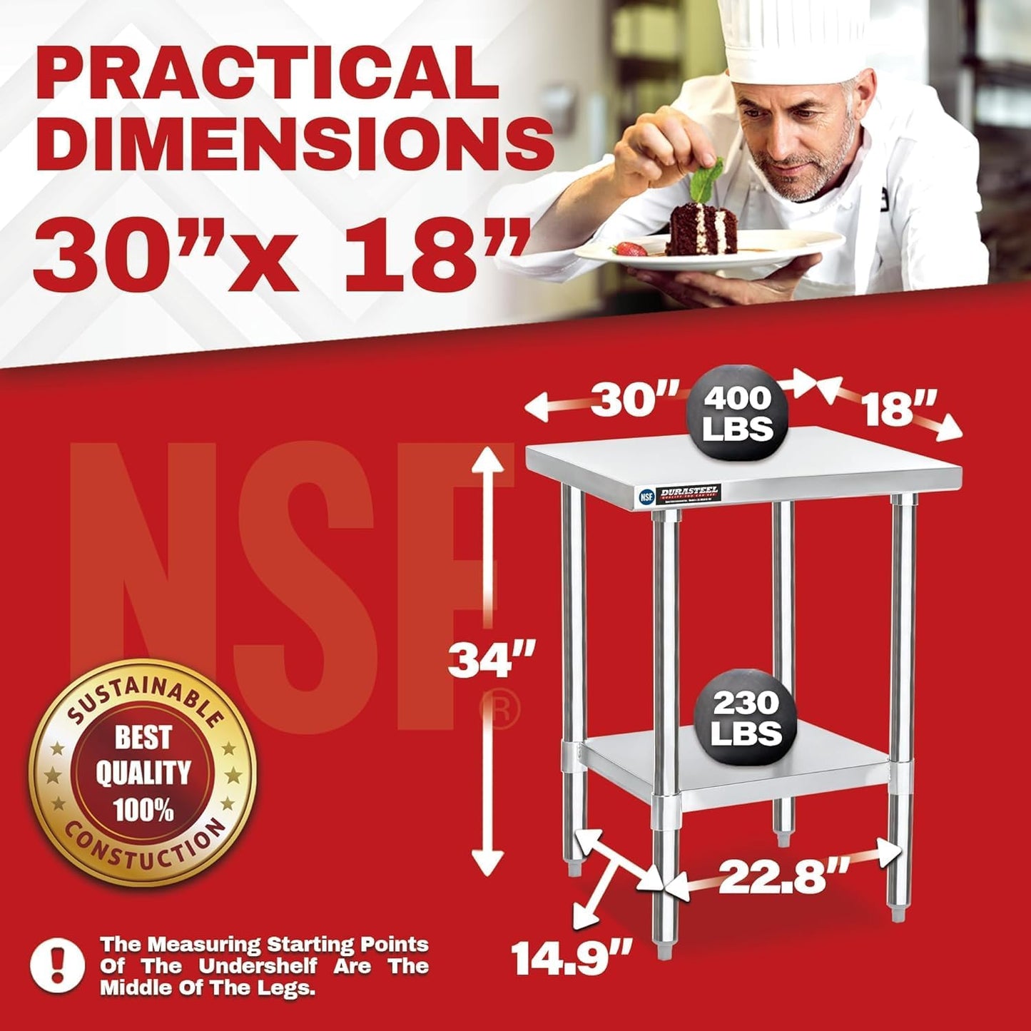 DuraSteel 30x24 Stainless Steel Work Table - NSF Commercial Prep Metal Table - Outdoor Pizza Oven Stand w/Under Shelf - Kitchen Island Laundry Utility Garage Microwave Stand Large Rolling Storage Cart