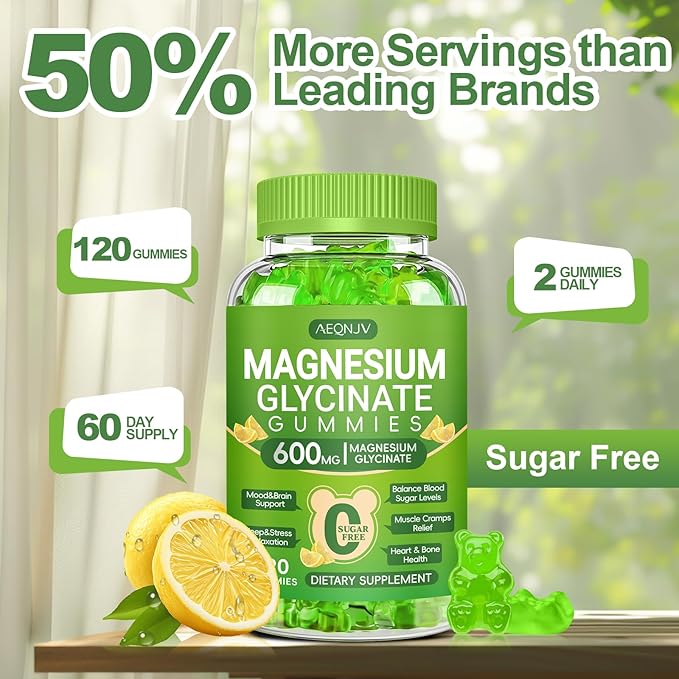 Magnesium Glycinate Gummies 600mg for Women and Men, High Absorption Magnesium Glycinate with Vitamin D, B6, and CoQ10 for Calm Support & Sleep, Sugar Free, Vegan, 60 Days Supply