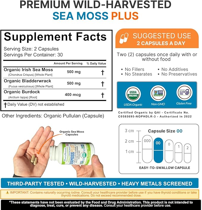 Power By Naturals Sea Moss Plus - USDA Organic Irish Sea Moss Capsules w/Wild Harvested Irish Seamoss, Bladderwrack & Burdock Root Immunity Supplement Sea Moss Pills for Adult 60Ct - 1 Pack