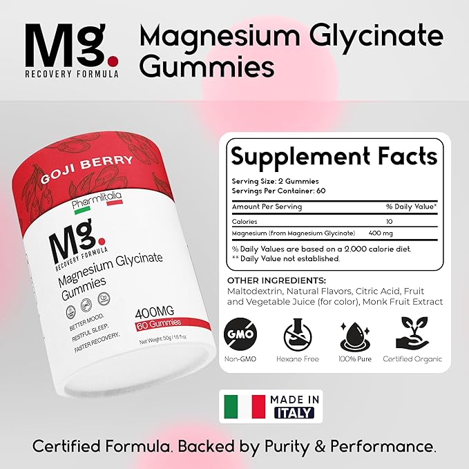 Magnesium Glycinate Gummies 400mg - Sleep Gummies for Kids & Adults - Magnesium Glycinate Chewable High Absorption for Muscle Recovery, Better Sleep & Relaxation (60 Count (Pack of 1), Gojiberry)